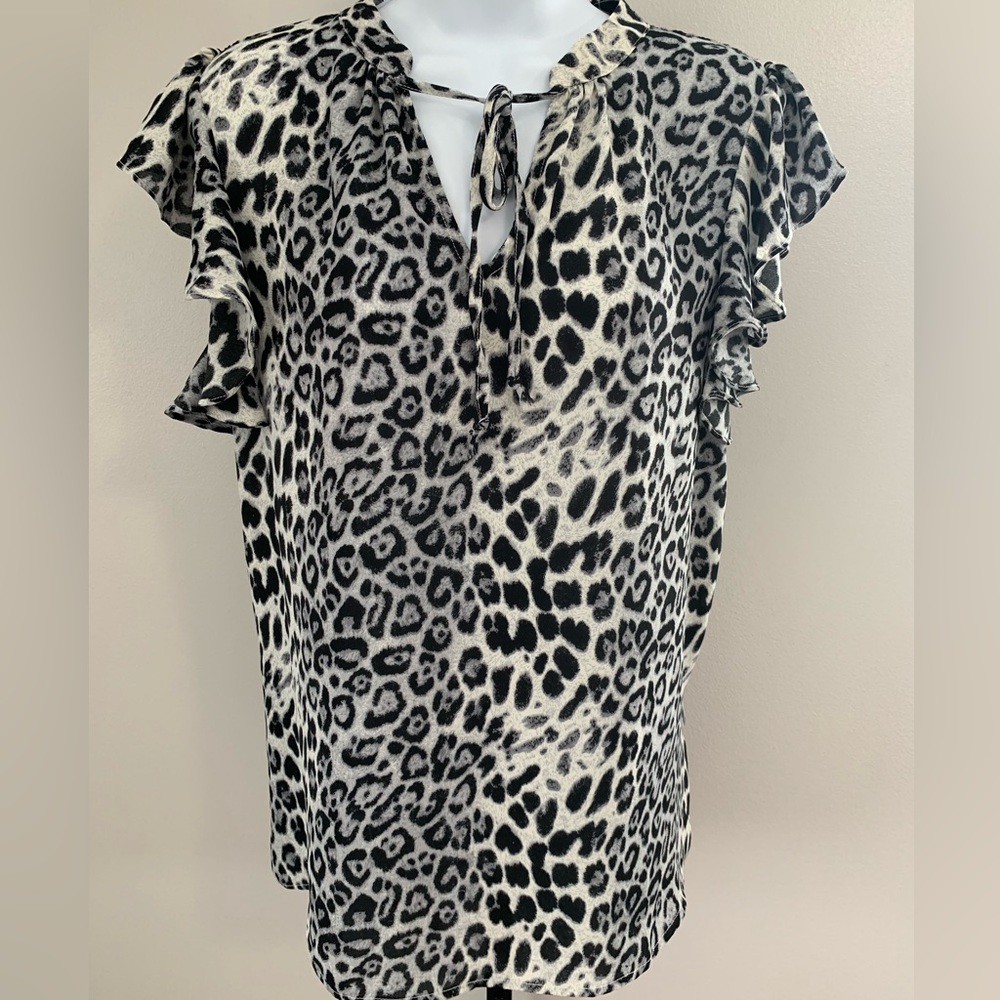 Staccato Black, Gray & White Leopard Tie-Neck Ruffle Sleeve Blouse